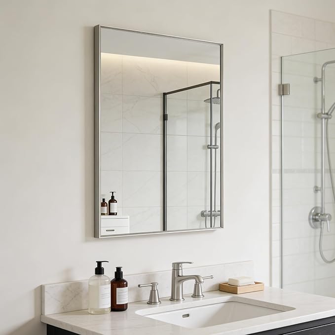 Bathroom Mirror for Wall, 20x30 Inch Metal Framed Mirror, Brushed Nickel Rectangle Mirror, Bathroom Vanity Mirror Farmhouse, Tempered Glass, Anti-Rust, Hangs Horizontally or Vertically