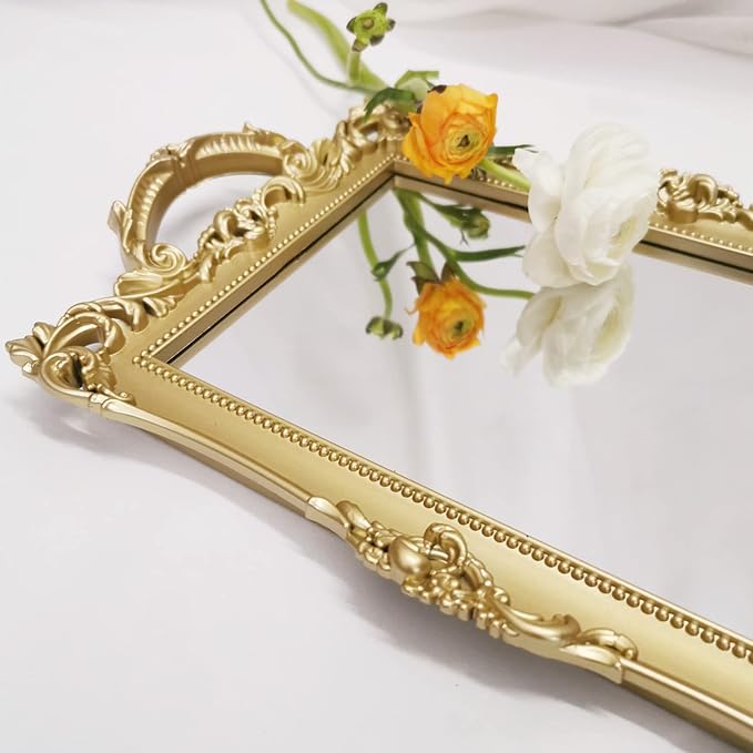 Small Rectangle Decorative Mirror Tray, French Style, Makeup Organizer, Jewelry Organizer, Serving Tray, 13"x 7.8", Gold