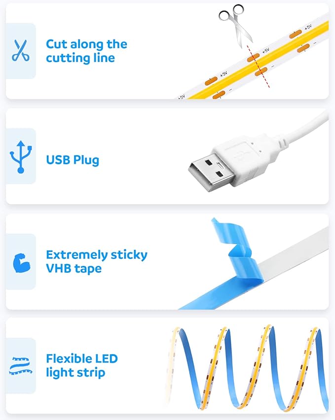 Aclorol USB COB LED Strip Lights for TV 5V USB Powered LED Tape Lights Daylight White 6.56FT 320Leds/M 6000K COB Flexible Light Strip TV Led Backlight for Bedroom Under Cabinet Kitchen DIY 400LM/m