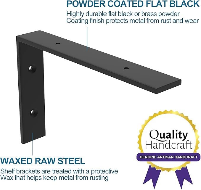 6-Pack Heavy Duty 10-Inch Black Shelf Brackets, L Shelf Bracket 10 Inch for Floating Shelves, 1/5-Inch Thick
