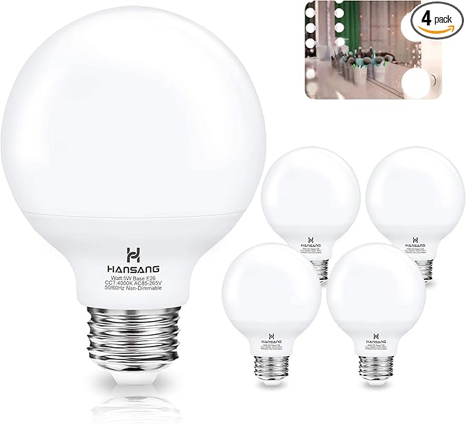 hansang G25 LED Bathroom Light Bulbs, E26 Base 4000K Natural Daylight Vanity Mirror Light Globe Bulbs Uniform Lighting, High CRI Makeup Mirror Light Bulbs Not-Dimmable 4 Pack