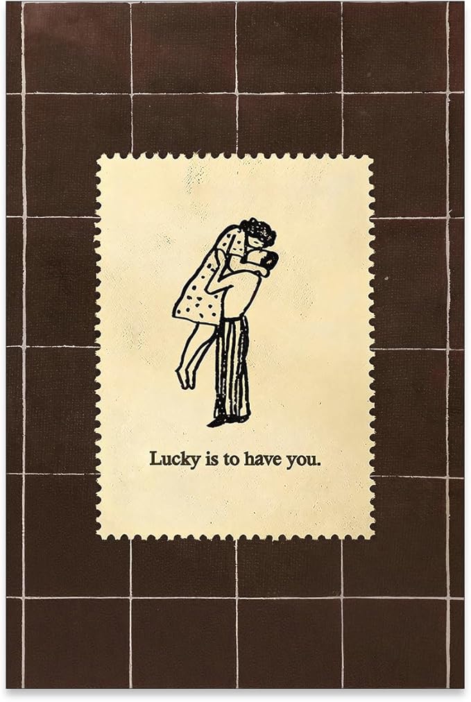 WIUHIO Brown Mid-Century Couples Wall Art Valentine Quotes Lucky Is to Have You Poster Vintage Romantic Anniversary Canvas Prints Modern Love Wall Decor for Bed Living Room 24X36 inch Unframed