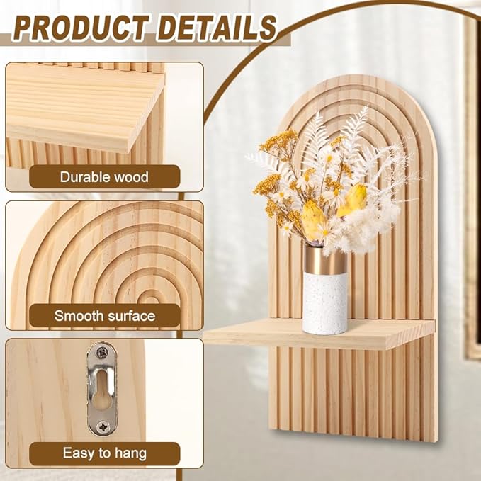 Boho Shelf Wall Decor Set of 2, Modern Arched Wooden Hanging Shelves Rainbow Wall Candle Holder Wood Bohemian Floating Shelves for Bathroom Nursery Bedroom(Color:Wood)