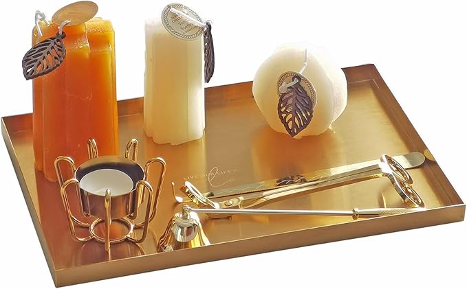 FREELOVE Gold Tray for Bathroom Vanity Brass Decor, Small Candle Holder, Rectangle Soap Dish, Brushed Square Plate, Coffee Table Toilet Back Modern Antique, 8''X12''
