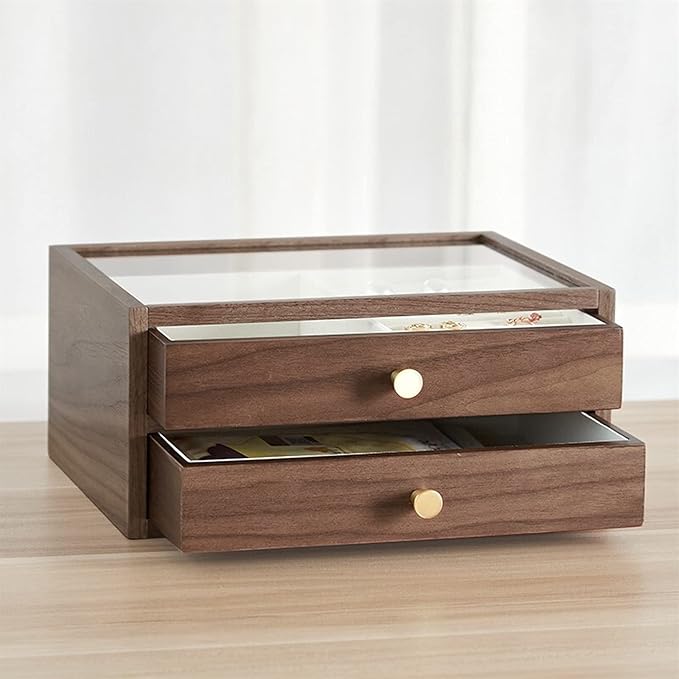Jewelry storage box Makeup Organizers Jewelry Box,Jewelry Organizer Box Two-Layer, Jewelry Case for Women,Wood Display Case with Glass&Ring Tray,Vintage Style Walnut Jewelry Case