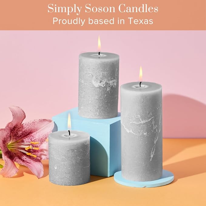 Simply Soson 3x4 inch Grey Pillar Candles Set of 3, Rustic Texture, Unscented Grey Candles, Dripless Candles, 3 inch Pillar Candles Ideal as Wedding, Parties, Spas, Dinner, Home Decoration, Church
