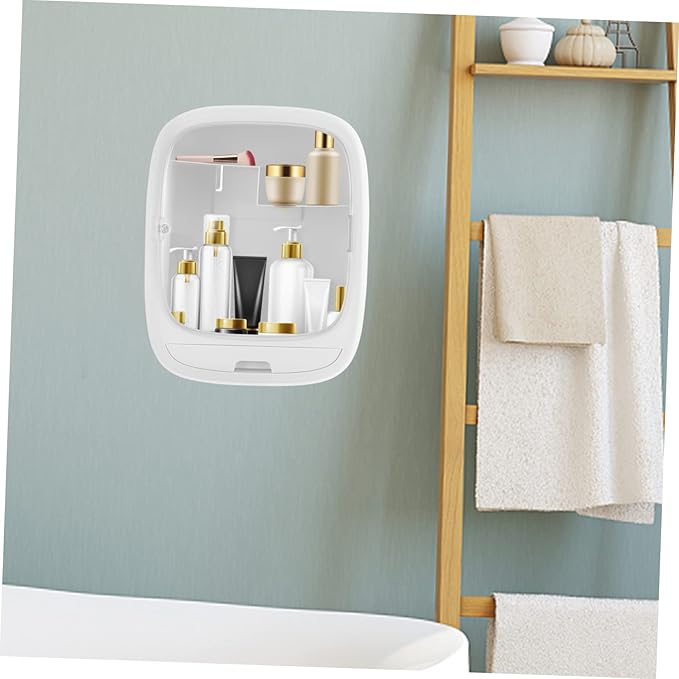1pc Wall-mounted Cosmetic Storage Box Multifunctional Bathroom Organizer for Makeup No Drilling Simple Design Easy to Install White