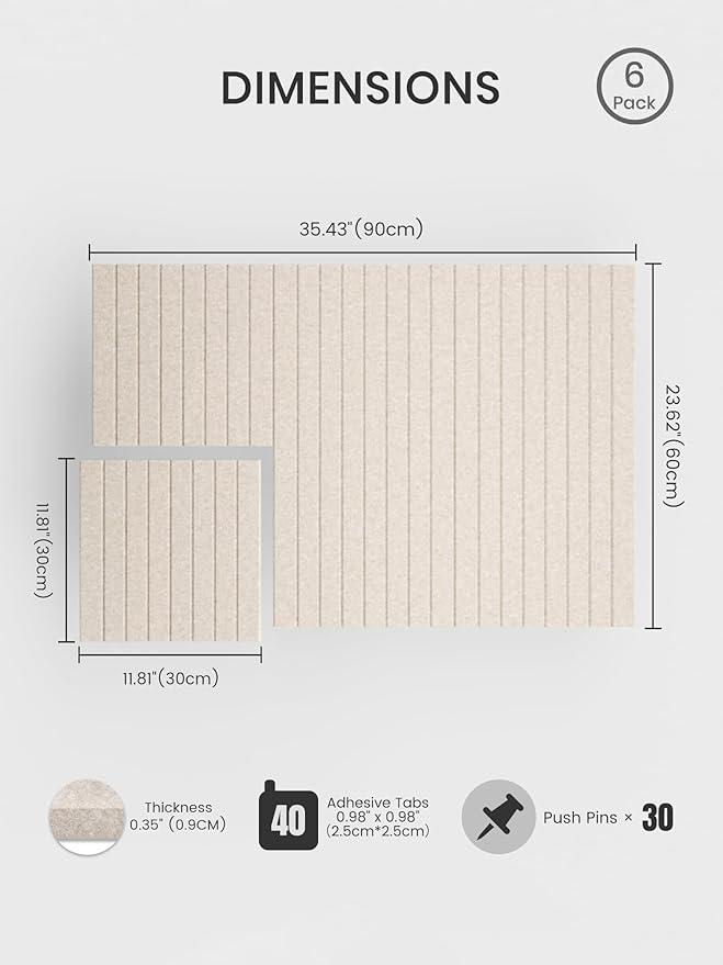 Bumusty Large Cork Board Alternative-36 x 24" Felt Bulletin Board Tiles, with 30 Pushpins, 40 Adhesive Tabs, Fine-Stripe 6-Pack, Cork Boards for Office Push Pin Board Felt Board-Oatmeal