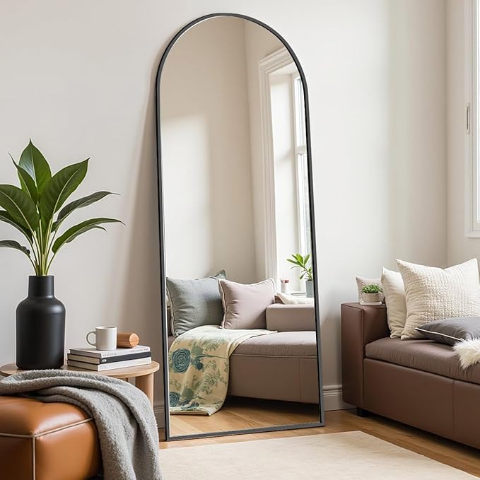 DMWOODFL 58"x18" Arched Full Length Mirror - Wall/Floor Mounted with Stand, Shatter-Proof Glass & Aluminum Frame, Large Body Mirror for Bedroom, Living Room, Entryway or Cloakroom, Black