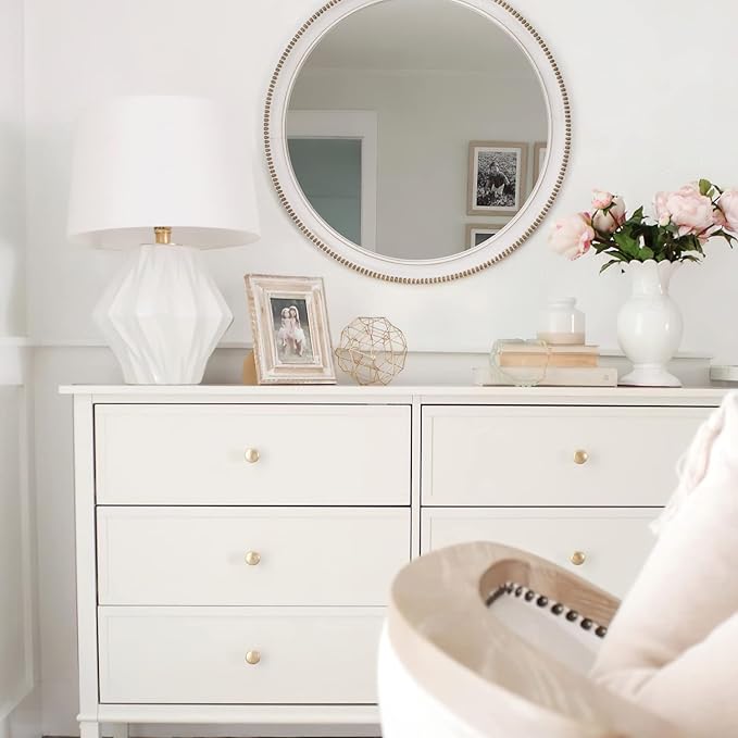 sawsile Round Wood Mirror,32 inch Circle Rustic Farmhouse White Wooden Frame Boho Beads Wall Mirror for Bathroom,Living Room,Bedroom or Entryway