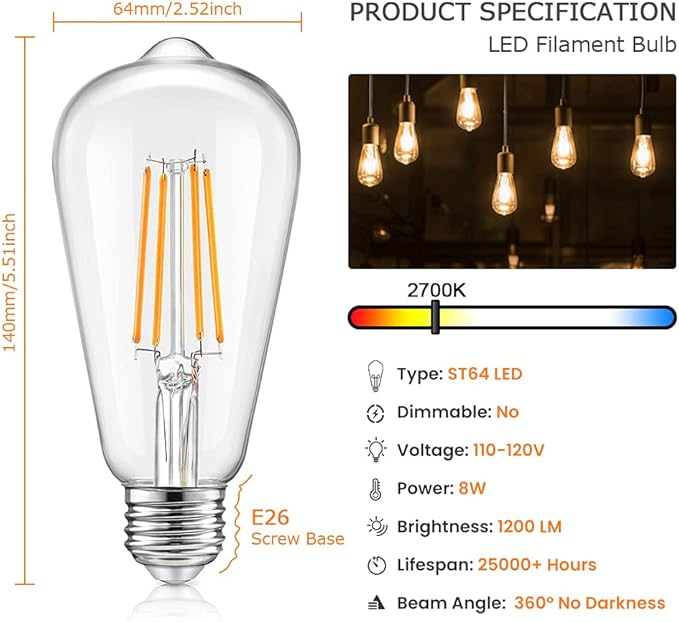 Vintage LED Dimmable Edison Light Bulbs 100W Incandescent Equivalent, 8W 1200Lumens, E26 Base LED Filament Bulb, 2700K Warm White, ST64/ST21 Antique Clear Glass for Home, Reading, Bathroom, 4-Pack