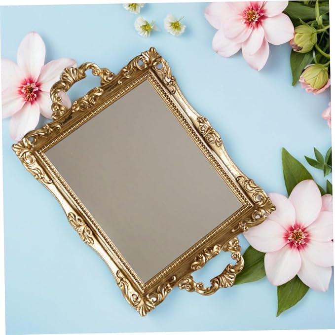 Healeved Nordic Style Golden Mirror Tray Vintage Carved Resin Decorative Storage Plate Wedding Dessert Table Makeup Organizer