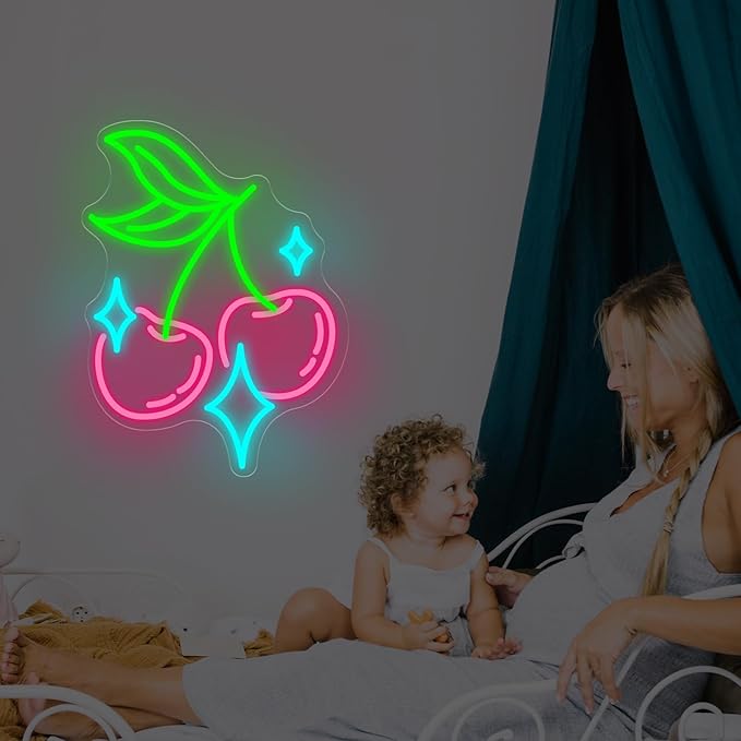 Cherry Bling Neon Sign Aesthetic LED Wall Light for Bedroom Bar Sign, Cute Fruit LED Light, Retro Vintage Dormitory Room Decor, Gift for Her, 16.5"x12.4"