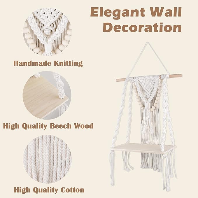 Macrame Wall Hanging Shelf Tier 1, Handmade Woven Boho Shelf Decor Macrame Wall Decor, Floating Hanging Plant Shelf Storage Organizer for Bathroom Bedroom Nursery