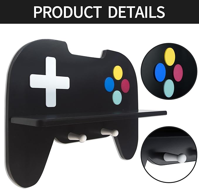Game Room Decor Gaming Floating Shelf for Wall - Retro Controller Shaped Wooden Display Rack with Hooks for Controllers and Headphones, Black, Gaming Room Organizer for Boys and Teens