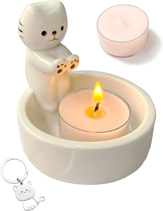 Cat Candle Holder, Cute Cartoon Kitten Scented Candles Candle Lamp, Handmade Ceramic Candlestick,Cartoon Cute Scented Candle Sticks Holder Decor, Gift for Cat Lover - Aromatherapy Candle Included