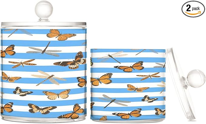 Blue White Striped Butterfly Dragonfly Clear Plastic Makeup Organizer Storage with lid Pantry Essentials Decorative Dental floss storage jar for Cotton Swabs,Cotton Pads,Floss Picks,Paper