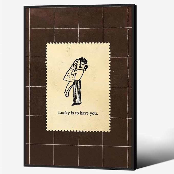 Brown Mid-Century Couples Wall Art Valentine Quotes Lucky Is to Have You Poster 24X36 inch Black Framed Vintage Romantic Anniversary Canvas Prints Modern Love Wall Decor for Bed Living Room