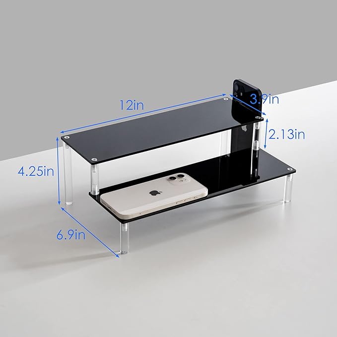 BYCY Acrylic Black 2-Tier Riser Display Shelf for Figures, Desserts Holder, Collections Organizer and Cosmetic Items Shelf (2 Tier 12" X 6.9" X 4.25")…