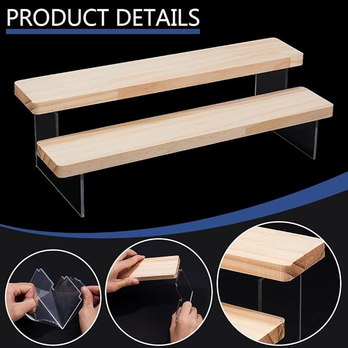 NBEADS 2-Tier Wooden Display Riser Shelf, Blanched Almond Tabletop Small Model Stand Risers Acrylic Display Makeup Step Perfume Organizer for Cosmetics Figure Collection, 11.7x4.3x3.5inch