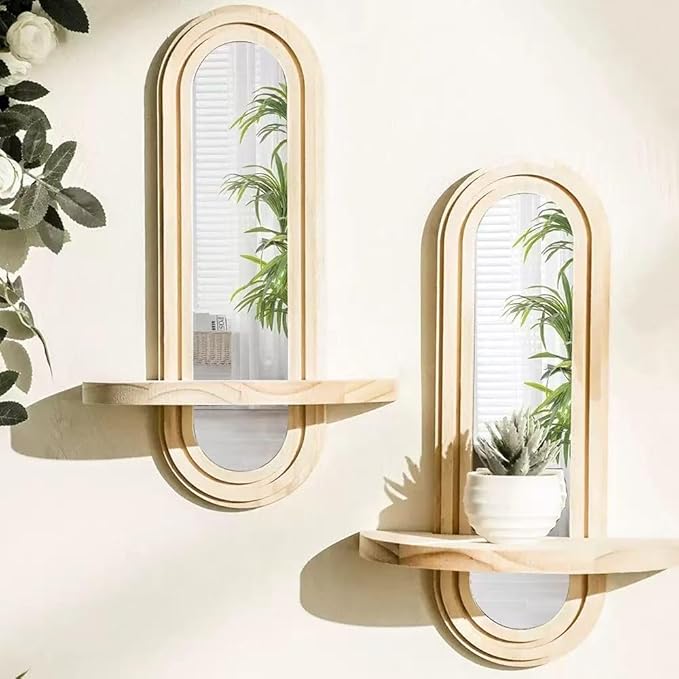 Wooden Wall Floating Shelves, 2PC Boho Arched Wall Shelf,Decorative Mounted Display Shelf with Acrylic Frameless Mirror, Nature Wood Shelves for Home Holding Planter Decoration