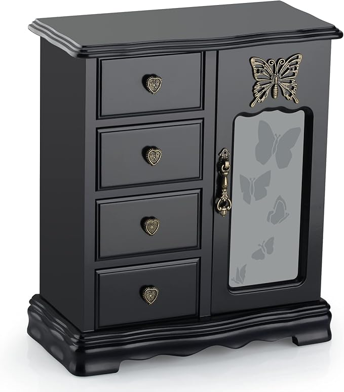 RR ROUND RICH DESIGN Solid Wooden Jewelry Box Makeup and Organizer Women Ring Storage with 4-Drawers Built-in Necklace Carousel and Mirror Black