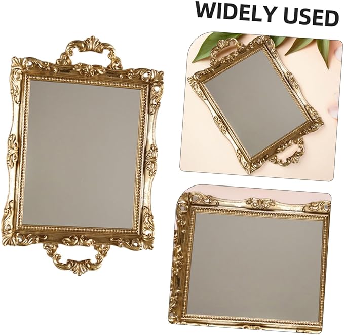 NUOBESTY Vintage Carved Mirror Tray Resin Decorative Plate Nordic Style Wedding Storage Tray Golden Retro Makeup Organizer for Bedroom Vanity Home Decor