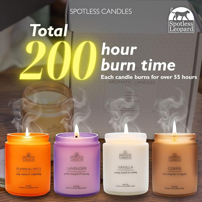 Candles for Women - 4 x 8oz Colored Glass Jars (3.7" H x 2.87" Dia) Mixed Set of Classic Scents Pumpkin Spice, Coffee, Vanilla, Lavender, 200 Hours Burn Time, Classic Candle Set by Spotless Leopard