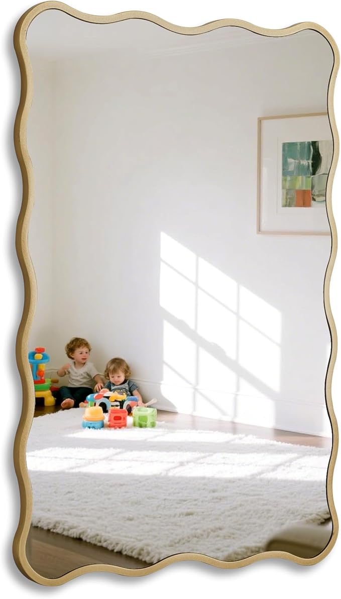 Gold Wavy Bathroom Mirror 20x30 Rectangle Scalloped Farmhous Mirror Modern Wood Farme Mirror Wall Decor for Bathroom Entryway Living Room Bedroom Hallway