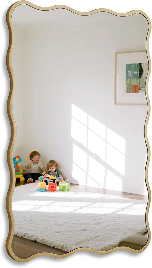Gold Wavy Bathroom Mirror 20x30 Rectangle Scalloped Farmhous Mirror Modern Wood Farme Mirror Wall Decor for Bathroom Entryway Living Room Bedroom Hallway