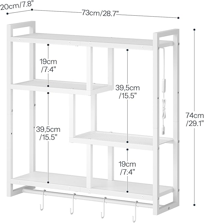 HOOBRO Gaming Floating Shelves with LED Lights, 28.7" LED Wall Mounted Shelf, 4-Tier Floating Wall Shelf for Storage, Display Rack with Hanging Bar and 4 S Hooks, for Gaming Room, White WT37DBJ01