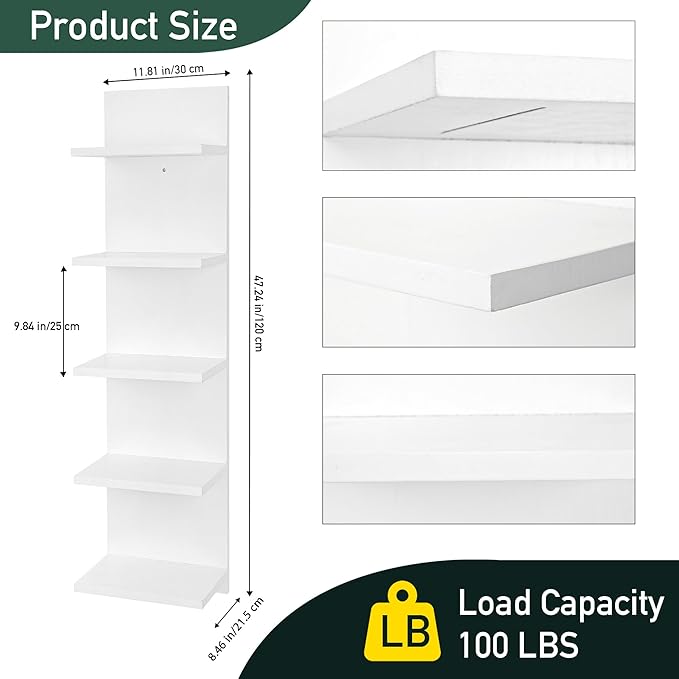 Wooden 5 Tier Wall Shelf,Vertical Column Floating Storage Home Decor Organizer,Floating Shelf Wall Decor Shelves for Bedroom, Living Room,Vanity(White)