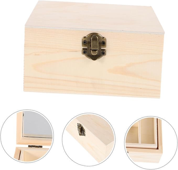 NUOBESTY Wooden Decorative Box Vintage Pine Jewelry Storage Case Mirror Makeup Organizer