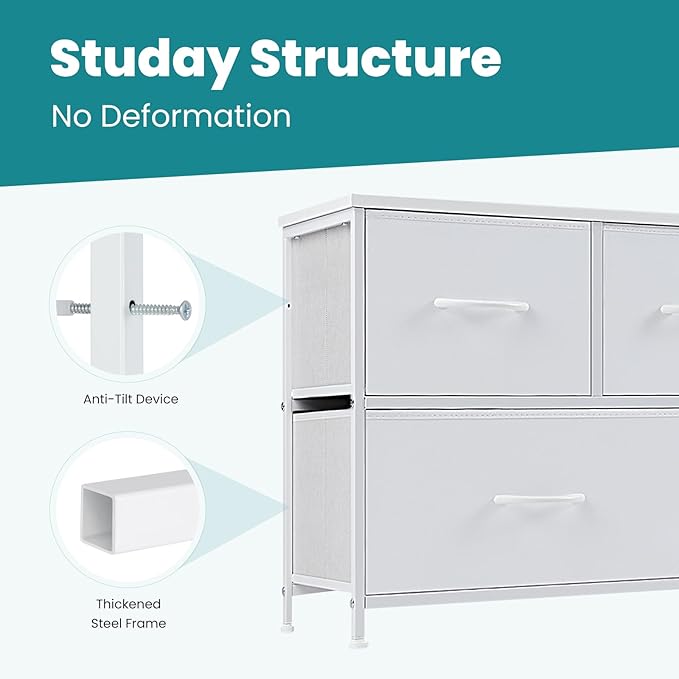 OLIXIS 5 Drawer Dresser for Bedroom, Fabric Storage Tower with Wooden Top and Metal Frame, Dresser Organizer for Living Room Closet Entryway,White