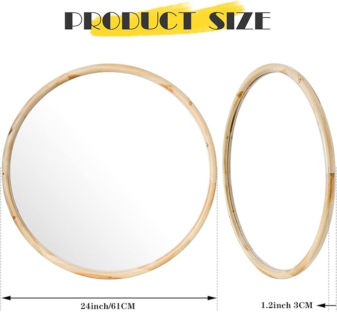 sawsile Round Wood Mirror 24" Natural Circle Wooden Nursery Farmhouse Rustic Decorative Large Wall Mirror for Bathroom,Living Room, Fireplace,Hallway