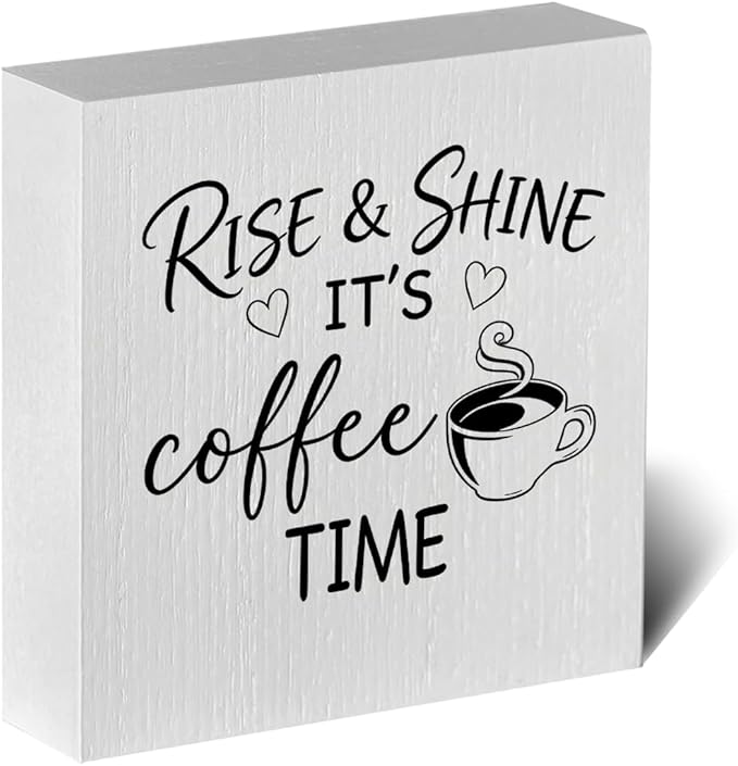 Farmhouse Coffee Bar Sign 5x5 Inch - "RISE & SHINE IT'S COFFEE TIME" Rustic Coffee Bar Decor, Farmhouse Style Shelf/Tabletop Decoration for Kitchen Café