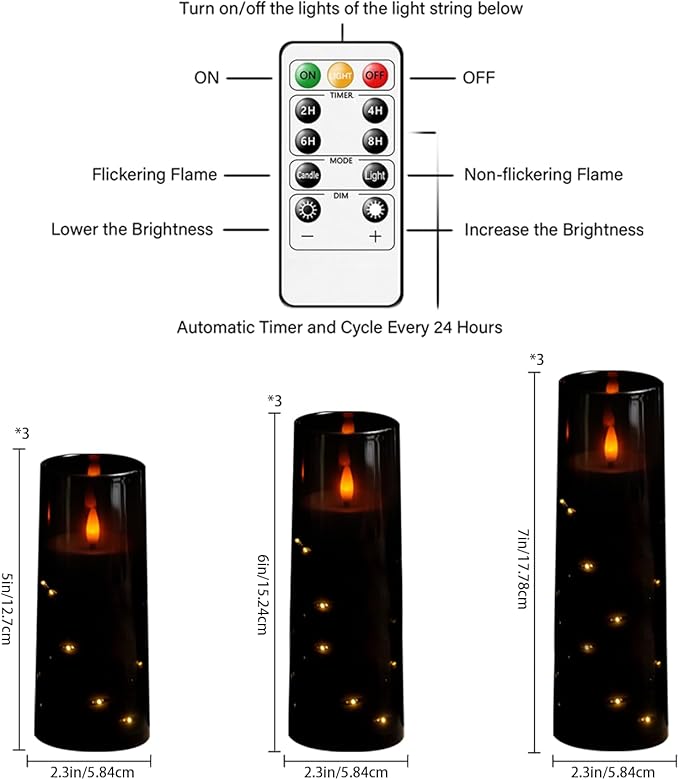 Nimiko Flickering Flameless LED Candles, 9 Pcs with Embedded Star String, Acrylic LED Pillar Candles with Remote, Suitable for Home Decoration (Black)