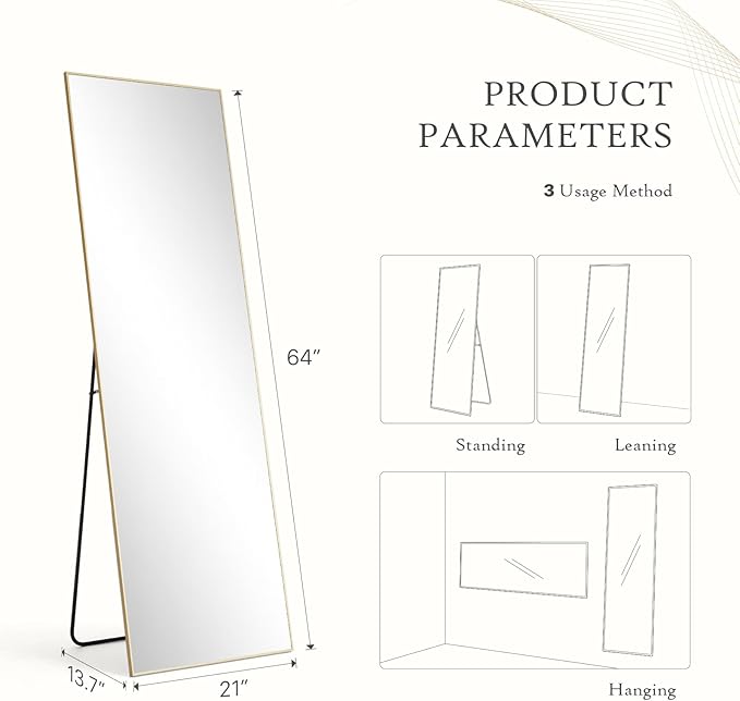 Mirror Full Length, Upgraded Body Wall Mirrors with Shatter-Proof Glass, Floor Standing, Hanging or Leaning, Tall Mirror with Stand Aluminum Alloy Frame for Bedroom