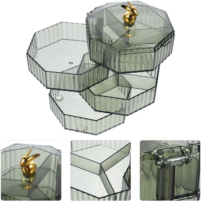 ELEFOCUS 360 Degree Transparent Rotating Jewelry Organizer,Multi-Layer Jewelry Storage Box,Acrylic Jewelry Organizer With Handle,Makeup Table Compartment Multipurpose Jewelry Box (Green)