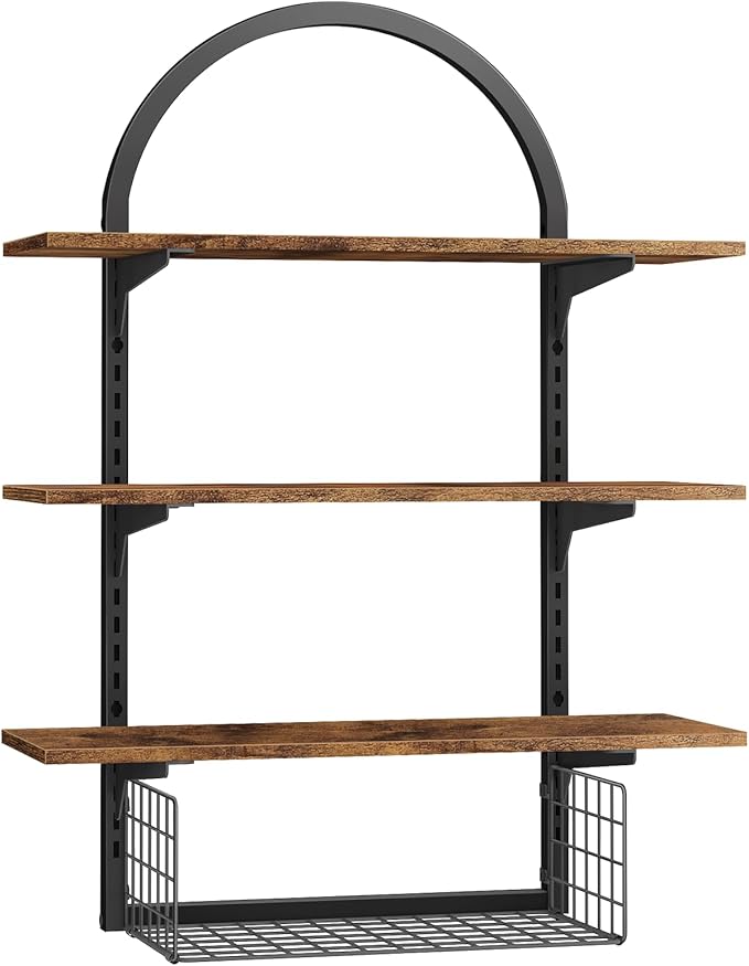 3 Tier Floating Shelf with Storage Baskets, Wall Mounted Bathroom Shelves Over Toilet, Wood Wall Shelves for Kitchen, Bedroom, Living Room, Home Organization and Decor, Rustic Brown