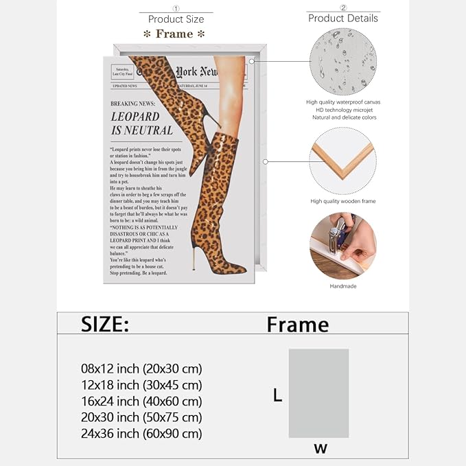 Trendy Newspaper Posters Vintage Leopard Boots Poster Feminist Canvas Prints Retro Fashion Bar Cart Magazine Cover Wall Art for Hot Girl Preppy Y2k Aesthetic Room Home Decor 24x36inch Framed