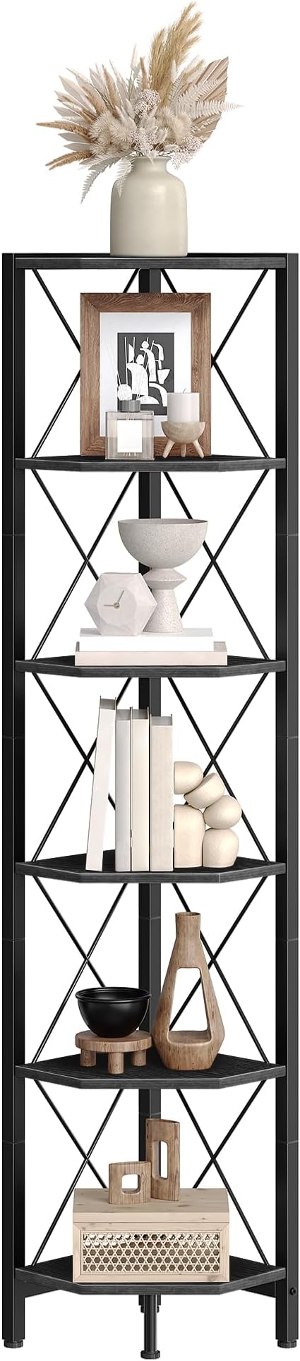 CHOEZON 6-Tier Corner Shelf, Corner Bookcase, 66.9" Tall Vertical Display Rack, Plant Stand, Open Storage Shelf, for Living Room, Bedroom, Study, Kitchen, Black TCJ13BB