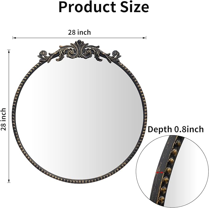 Round Mirror, 28''Baroque Style Circle Mirror Vintage Black Metal Frame Wall Mirrors for Vanity, Bathroom or Bedroom