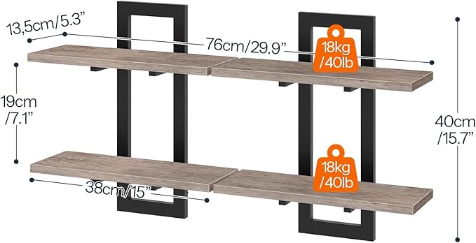 HOOBRO Floating Shelves, 15 Inch Wall Shelf Set of 2, Wall Mounted Storage Shelves 2-Tier, Hanging Bathroom Shelves, for Living Room, Bedroom, Bathroom, Kitchen, Greige BG32BJ01