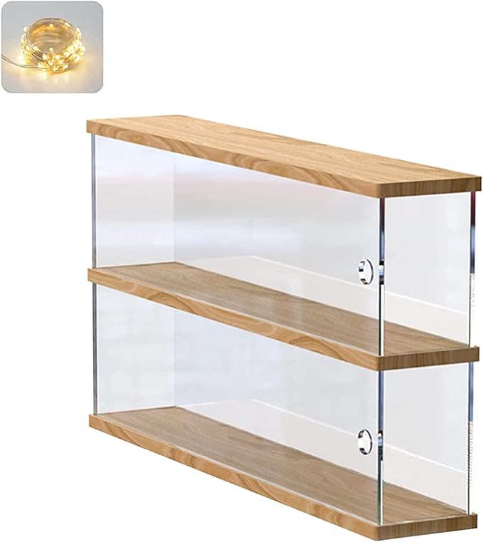 Clear Acrylic Display Shelf Case for Mini Funko Pop, Wooden Display Stand Riser 2 Layer Storage Rack for POP MART The Monsters Lazy Yoga Action Figures Collectibles Toys, 15.55" W x 3.78" D x 10.8" H