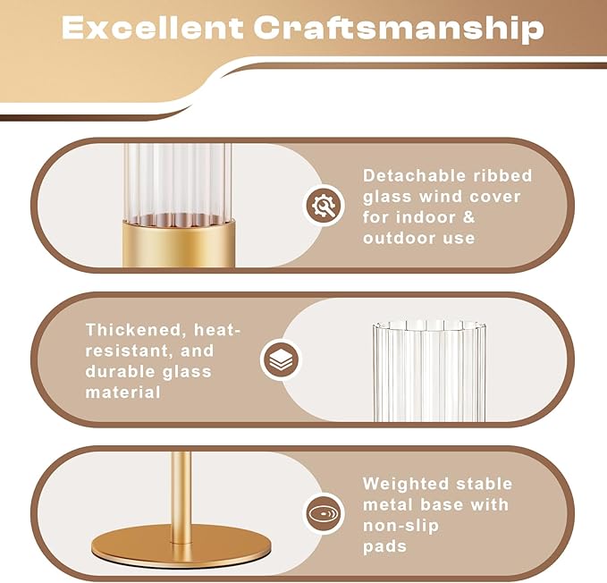 Gold Hurricane Candle Holders: Fluted Candlestick Holders for Wedding Tall Brass Taper Candle Holder Modern Candle Sticks Holder Decor for Table Centerpiece Party Birthday Christmas Set of 6