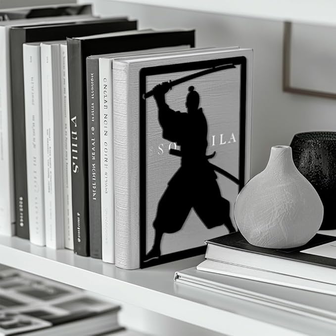 Peacoblue Metal Bookends for Shelves, Modern Decorative Heavy Duty Study Book Ends Stoppers for Office, Desk, Shelf, Room 5.3"x4.3"x7.9" Cast Iron Simple Tall Bookends 1 Pair (Japanese Samurai)