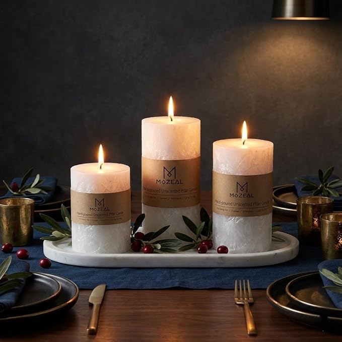 MOZEAL Hand-Poured, Unscented White Crystal Pillar Decorative Candles, Elegant Set of 3 in Different Sizes (3"x4", 3"x5", 3"x6"), Luxurious Décor for Christmas Homes & Events