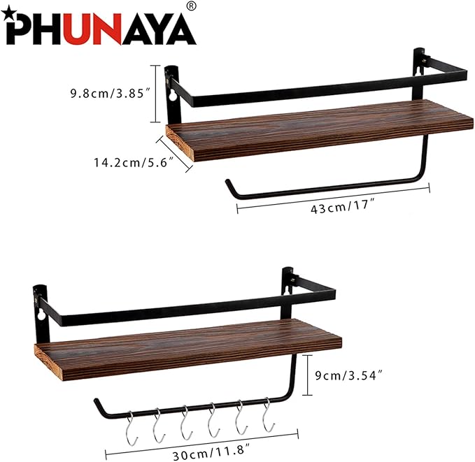 PHUNAYA Floating Shelves,Wall Mounted Shelf for Kitchen,Living Room,Bedroom,Bathroom Storage,Rustic Wood,Set of 2(Brown)