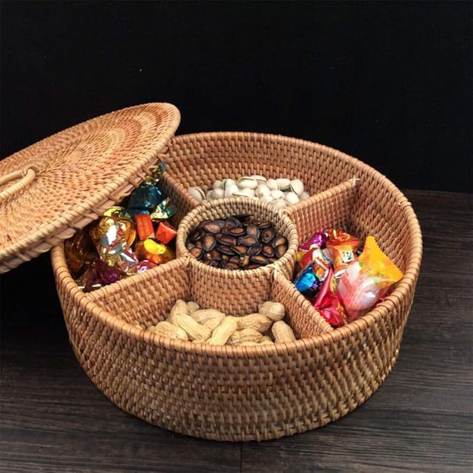 Woven Wicker Round Baskets with Lid Divided Rattan Sundries Box 29cm for Dried Fruit Nuts Bowl Keys Jewelry Makeup Counter Organizer